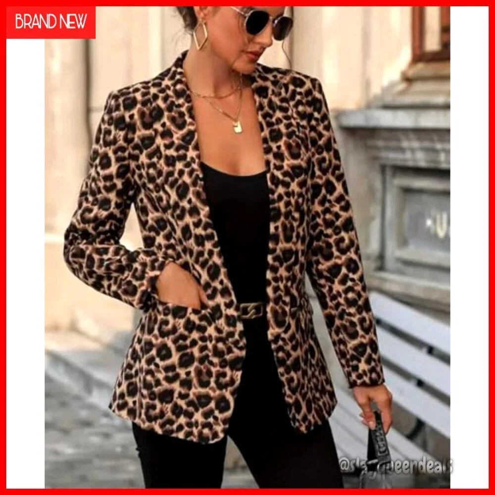 Faux Suede Leopard Blazer Open Front Slim Fit Long Sleeve Work Office